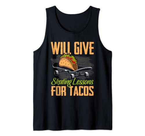 Funny Skateboard y Taco Lover Graphic Mujeres y Hombres Skater Camiseta sin Mangas