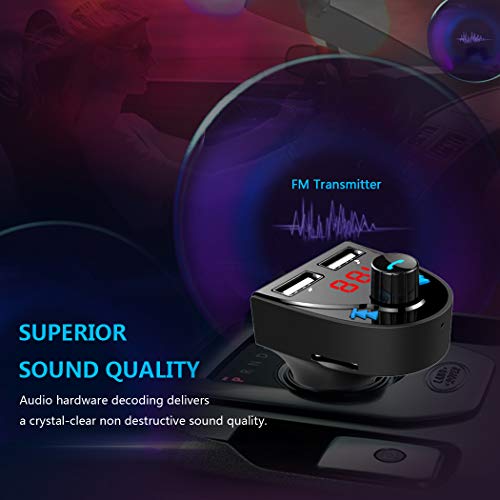 Blufree FM Transmitter, Bluetooth Car Transmitter Wireless In-Car Radio Adapter Hands-free Call Car Kit with Dual USB Charger Port, Support Bluetooth/TF Card/U-Disk Music Play, Car Voltage Detection