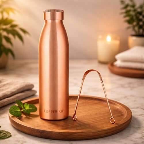 Image of Classic Copper Water Bottle 1 ltr litre + 1 COPPER TONGUE CLEANER FREE Original Tamba Heavy Build | Gift Item | Return GIft Item With Ayurvedic & Other Health Benefits For All Users