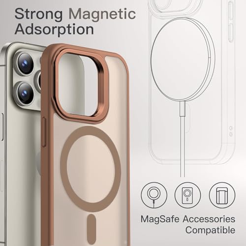 Image of Elzzi Kickstand Mag Safe Polycarbonate Back Case for iPhone 16 Pro Max, Built-in Adjustable Camera Stand, Translucent Matte Magnetic Mag-Safe Shockproof Phone Cover (Desert Titanium)