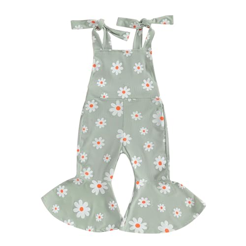 Baby Girl Floral Flare Jumpsuit Toddler Bell Bottom Romper Daisy Print Sleeveless Suspender Pants Backless Overalls(05 Green,12-18 Months)