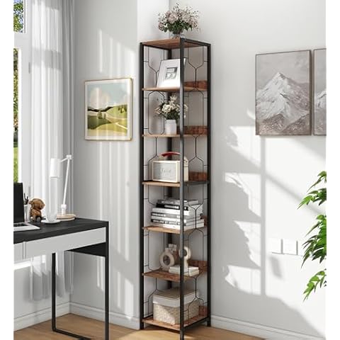 GiftGo 7-Tier Tall Narrow Bookshelf Corner Skinny Thin Bookcase Open Storage Display Rack Industrial Book Shelves Vertical Storage for Small Space Home Office Living Room (Rustic Brown, Narrow) Cover