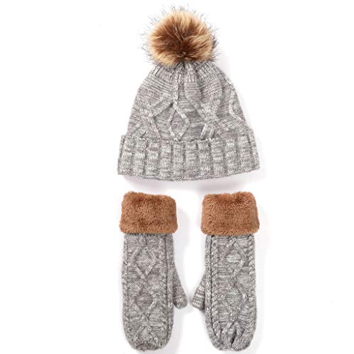 Bonnet d'hiver en tricot torsadé femme avec moufles doublés peluche thermique