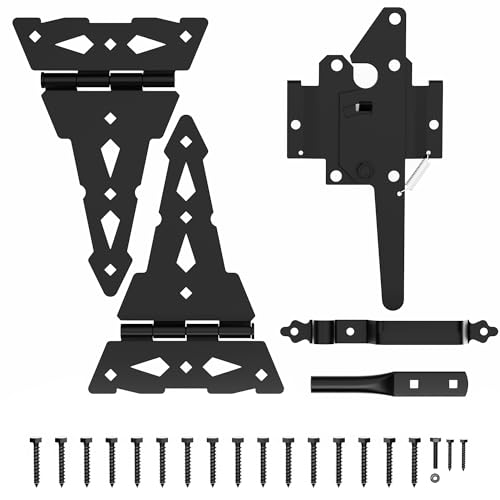 Image of WINSOON Rustic Black Steel Wood Gate Hardware Set, 8 inch Strap Gate Hinges & Heavy Duty Latch Kit with Handle, 60 lbs. Capacity, 2 Count