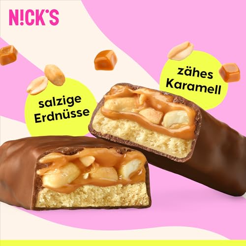 N!CK'S Protein Riegel ohne Zuckerzusatz – Erdnuss Karamell – 15g Eiweiß 30% – 203 Kalorien – Low Carb Keto Proteinriegel mit Ballaststoffen & Kollagen – Glutenfrei, Gesunde Snack ohne Palmöl 12x50g 5