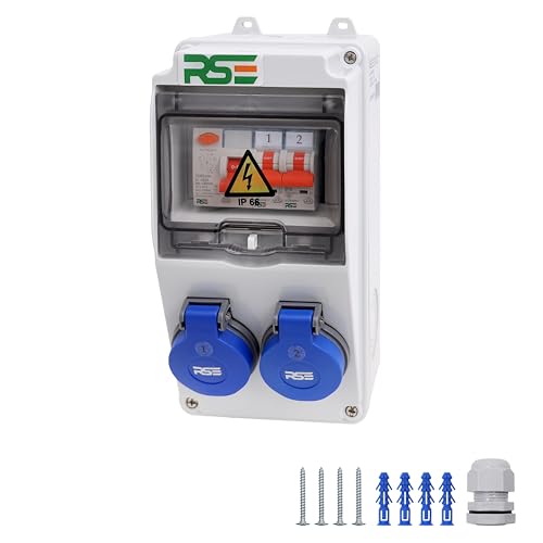 RSE Distribuidor de flujo de construcción, totalmente cableado, 230 V, con enchufe con contador, IP65, 2. 2 x 230V con LS + FI