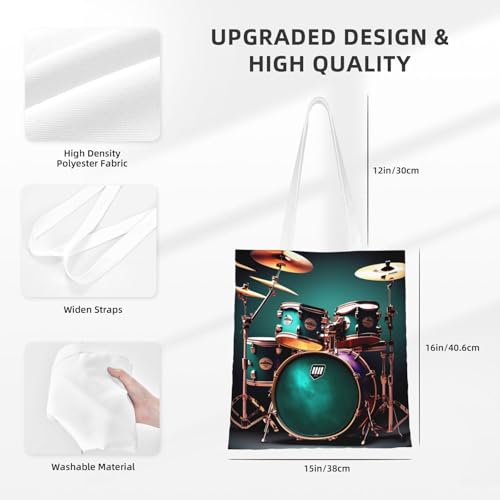 Cool Drum Set Print Polyester Canvas Tote Bag, Shopping Bag With Reinforced Handles, Reusable4