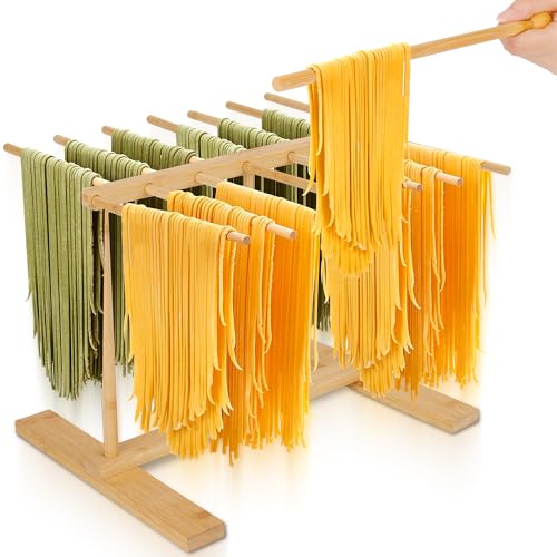 CycForge Bambus-Nudelständer｜Klappbarer Trockenständer mit 14 Haken & Freistehend-Design – Platzsparender Küchenhelfer für Pasta & Kräuter​