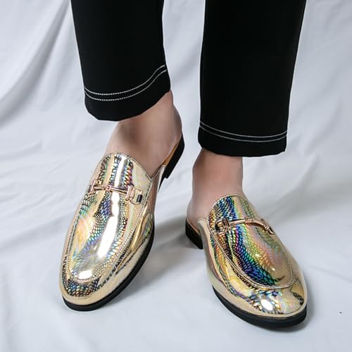 Mens Fashion Shine Patent Leather Slip-On Backless Mule Smoking Slippers Horsebit Loafers Round Toe Non-Slip Casual Shoes for Luxury Dress Wedding Party Prom3