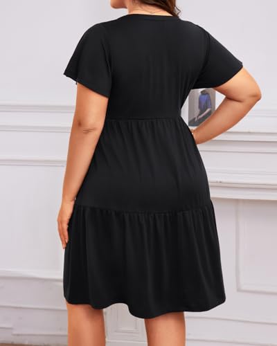 Image of Plus Size Summer Dress Casual Short Sleeve Button Midi Sun Dresses Women
