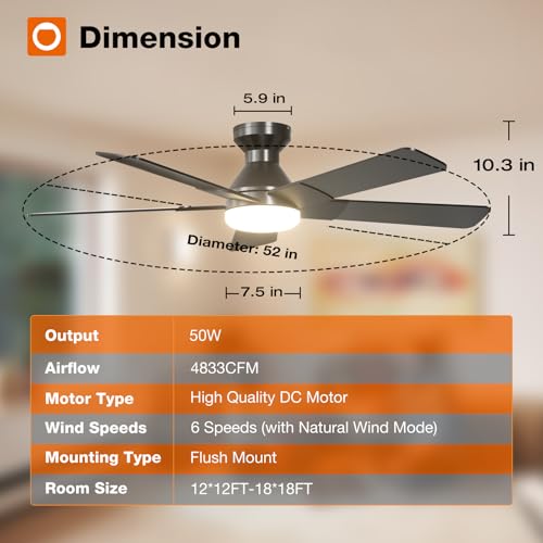 Image of addlon Ceiling Fans with Lights, 52 inch Low Profile Ceiling fan with Light and Remote Control, Flush Mount, Reversible, 3CCT, Dimmable, Noiseless, Black Ceiling Fan for Bedroom, Indoor /Outdoor Use