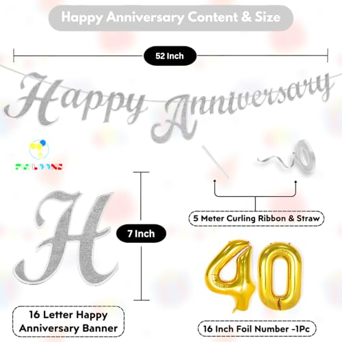 Image of Flyloons 40th Happy Anniversary Banner Silver Decorations Kit for Men Women Wedding Anniversary Banner Items without Balloons