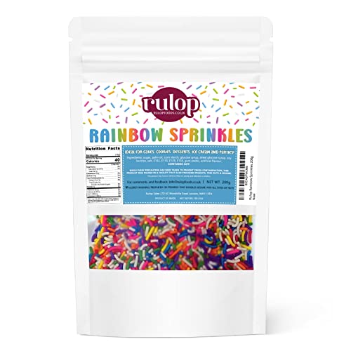 Rulop Dairy Free Rainbow sprinkles 200g Colourful Sugar Strands That Are a Tasty and Exciting Option For Topping Cakes Ice Cream and Cookies (Pack of 1)