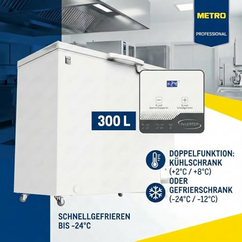 Foto von METRO Professional Gefriertruhe GHF2300, 300 L, 95 W, Tiefkühltruhe, 1 Korb, Türschloss, Temperaturalarm, Rollen, Weiß