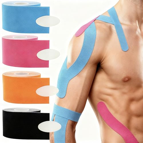 4 Rolls Kinesiology Tape Cotton Elastic Sports Tape for Muscle & Joint Pain Relief Breathable Waterproof Wrap Prevent Sprains Fitness Support (0.98 x 196.8In Black Blue Red Orange)
