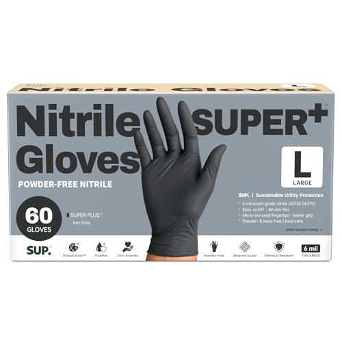 SUPER+ Black Nitrile Gloves HEAVY DUTY 6 Mil Disposable Chemical Resistant Powder & Latex Free Food Safe Medical Cooking Cleaning 60 Ct (Large)