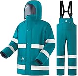 Rain Suits for Men Women Waterproof Reflective Rain Jacket Bib Pants for Safety Heavy Duty Rain Gear Fishing（Blue Green, 3XL）
