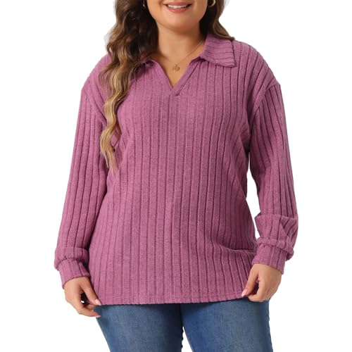 Image of Agnes Orinda Women's Plus Size Loose Polo V Neck Long Sleeve T Shirts Tops Collared Ribbed Brushed Top Sweater Casual