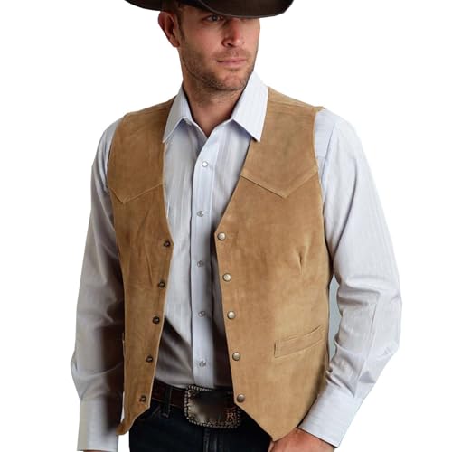 Gilet traditionnel en daim pour homme - Gilet western cowboy - Coupe normale - Gilet de costume - Veste sans manches - Veste de loisirs décontractée - Veste...
