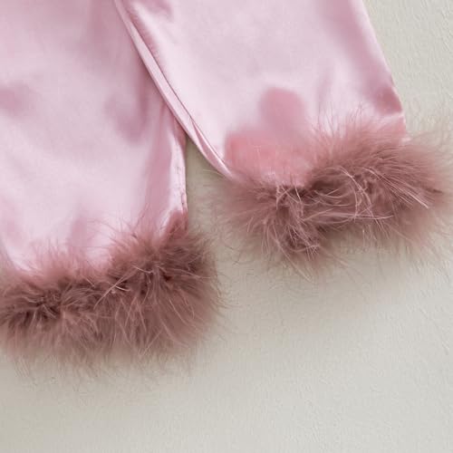 MAINESAKA Toddler Baby Girl Satin Pajamas Set Feather Trim Long Sleeve Button Down Tops Long Pants 2Pcs Pjs Sleepwear Outfits (A-Pink, 4-5 Years)