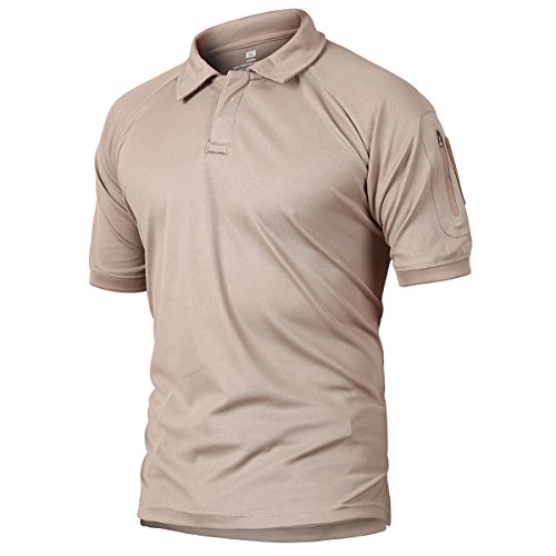 ReFire Gear Men's Army Tactical Polo Shirt Military Outdoor Sport Short Sleeve T Shirt, Khaki, US Medium(Tag L)