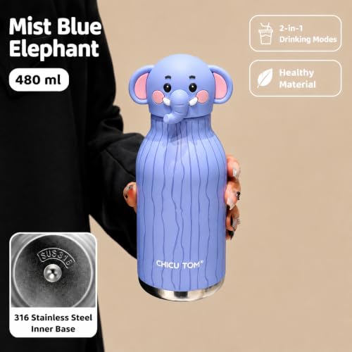 Image of 480ml Stainless Steel Sipper Water Bottle with Straw | Leakproof Animal Sipper Bottle | Reusable Drinking Bottle for School, Travel & Daily Use (Elephant)