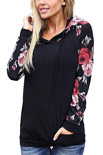 AMiERY Women's Pullover Comfy Long Sleeve Hoodies Floral Casual Tops Loose Shirts Hooded Sweatshirts Black S