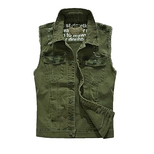 Men's Green Jean Vest, Men's Sleeveless Jean Vest, Men's Retro Ripped Denim Vest Work Top Outwear, M-5XL