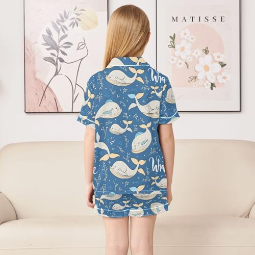 ALAZA Whale Navy Blue Cartoon Pajamas Satin Pajama Set Short Sleeve Button Down Sleepwear4