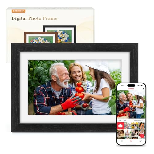 Frameo Marco de Fotos Digital WiFi 10.1 Pulgadas Negro Madera de Roble Memoria Incorporada 32GB, HD 1280x800 IPS, Pantalla Táctil para Fotos/Videos, Rotación Automática, Montaje en Pared