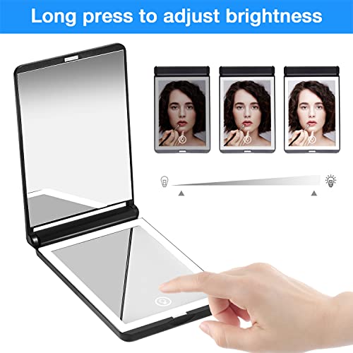 Wobsion Travel Mirror With Light, Rechargeable Lighted Compact Mirror, 1X/3X Magnifying Mirror With 23 Leds,300°Flip Folding Portable Mirror,Magnetic Switch Handheld Mirror,Touch Dimmable,Gifts,Black #TOP3