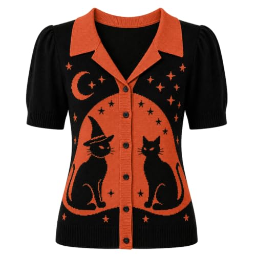 Manga abombada retro en este polo de punto para mujer con cuello de polo y botones de gato