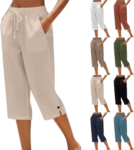 Cotton Linen Cropped Trousers for Women Loose Fit Straight Leg Drawstring Elastic Waist Lightweight Breathable Summer Cotton Capris for Casual Work Holiday Khaki
