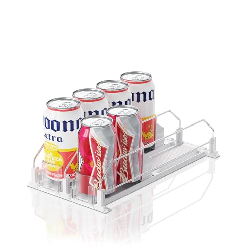JUNMEI Drink Organizer for Mini Fridge,12oz - Soda Can Dispenser for Refrigerator,Width Adjustable,Automatic Pusher Glide (White (Mini 12.2'D), 12.2'D 2ROW, Holds 8 Cans)