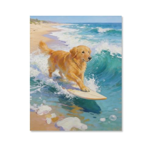 Golden Retriever Surfing Wall Art Print, Beach Dog Ocean Waves