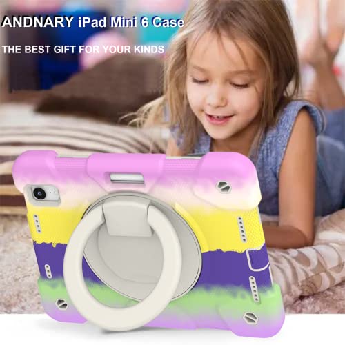 Case for 2024 iPad mini 7 A17 Pro/2021 Mini 6 8.3 Inch Case with Built-in Pencil Holder/360° Rotating Handle Stand, Drop-Proof Cover for iPad mini 7th/6th Generation 8.3" (Colorful Purple)