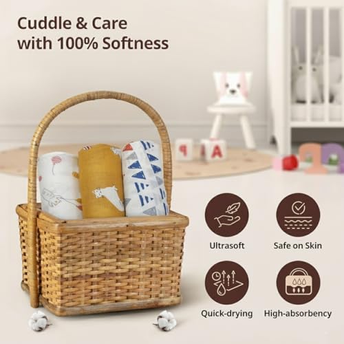Image of Trance Home Linen Super Ultra Soft 100% Cotton Malmal Baby Swaddle Cloth | Baby Wrap for New Born Babies | Skin Friendly Soft Baby Towel |New Born Swaddles-(100x100 Cm, Circus Print,Pack of 3