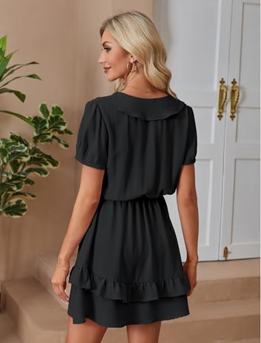 Image of Angashion Womens Tie Front Mini Dress V-Neck Ruffle Hem Summer Pockets