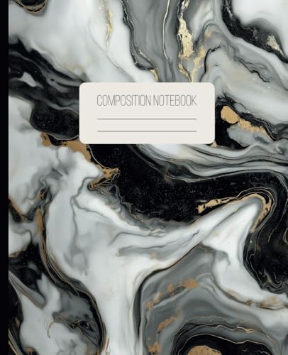 Composition Notebook Black Marble: College Ruled Creative Writing Book Featuring White, Gold and Dark Swirls