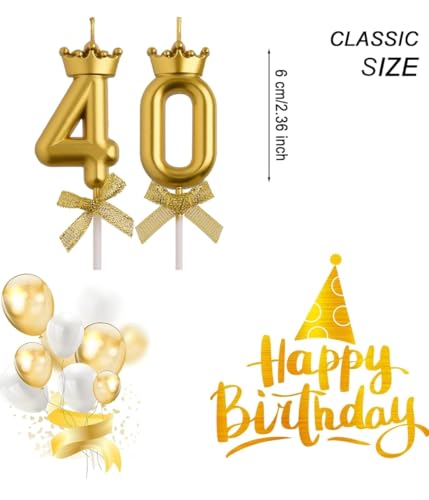 Image of Premium Gold Number 40 Birthday Candle Set with Crown - Metallic Cake Topper for 40th Birthday & Anniversary Celebration, 2 Pcs