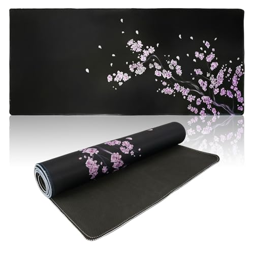 Zykra Tappetino Mouse Gaming Nero, 900x400x3mm Tappetino Mouse Xxl Stile Giapponese Extended Large Tappetino Pc Ciliegio Giapponese Mouses Pad Antiscivolo Tappeto Mouses per Gaming Ufficio PC MacBook