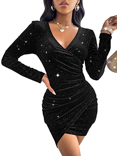 Floerns Women s Velvet Long Sleeve Wrap V Neck Ruched Evening Bodycon Mini Dress Black XS