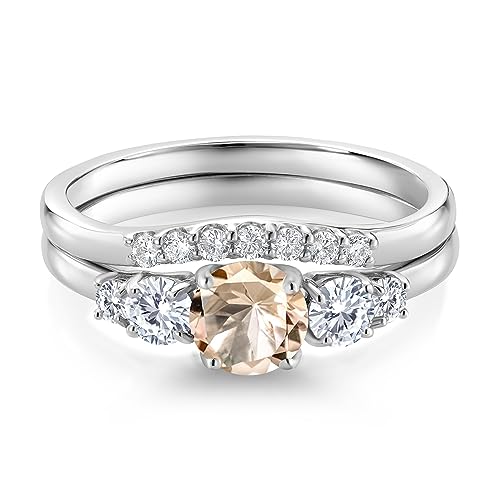 Gem Stone King 10K White Gold Peach Morganite and VVS-VS Lab Grown Diamond 5-Stone Bridal Engagement Wedding Ring Set For Women | 0.71 Cttw | Round: 5MM and 3MM | Available in Size 5,6,7,8,93