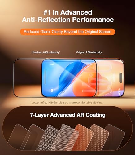 Image of UltraGlass TOP 9H+ OptiArmor for iPhone 17 Pro Screen Protector [NO.1 Anti-Reflection & Military Grade Shatterproof] Anti Glare Screen Protector 17 Pro Tempered Glass Longest Durable AR, 2Pack