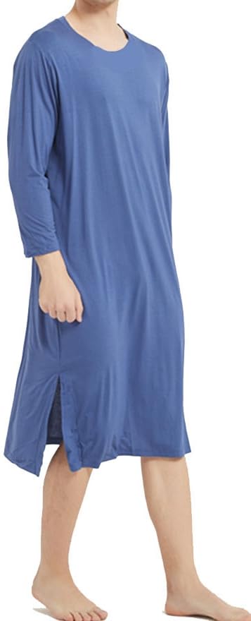 ZEEREE Men Viscose Nightshirts Night Sleep Shirts Long Sleeve Round Neck Nightgown Robe Sleep Gowns Nightwear for Sleeping3