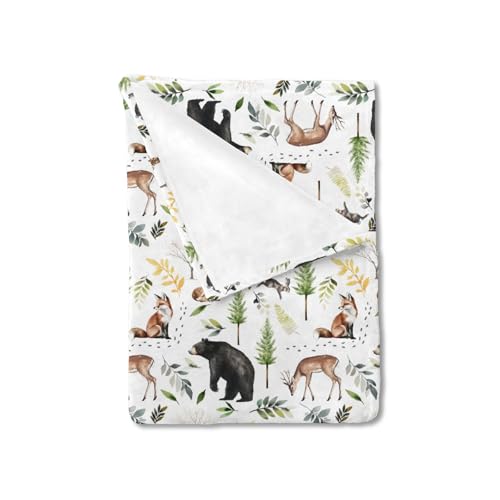 Image of HawSkgFub Forest Animals Baby Blanket Boys Shower Gift, Bear Fox Deer Pine Tree Flannel Fleece Nursery Bed Receiving Swaddle, Soft Lightweight Newborn Infant Toddler Crib Bedding 30 x 40