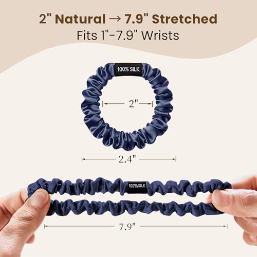 Image of THXSILK 100% Mulberry Silk Small Scrunchies 3-Pack, 25 Momme Low Profile Hair Ties for Fine Hair, Sleek No Damage Ponytail Holders for Everyday Use(Green, Black, Navy Blue)