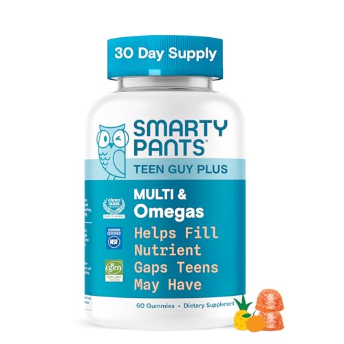 SmartyPants Teen Guy Multivitamin Gummies - Improved Formula: Omega 3 (DHA/EPA), Vitamin D3, C, Vitamin B12, B6, A, K & Zinc, Folate, Gluten Free, Fruit Flavor, 60 Count (30 Day Supply)