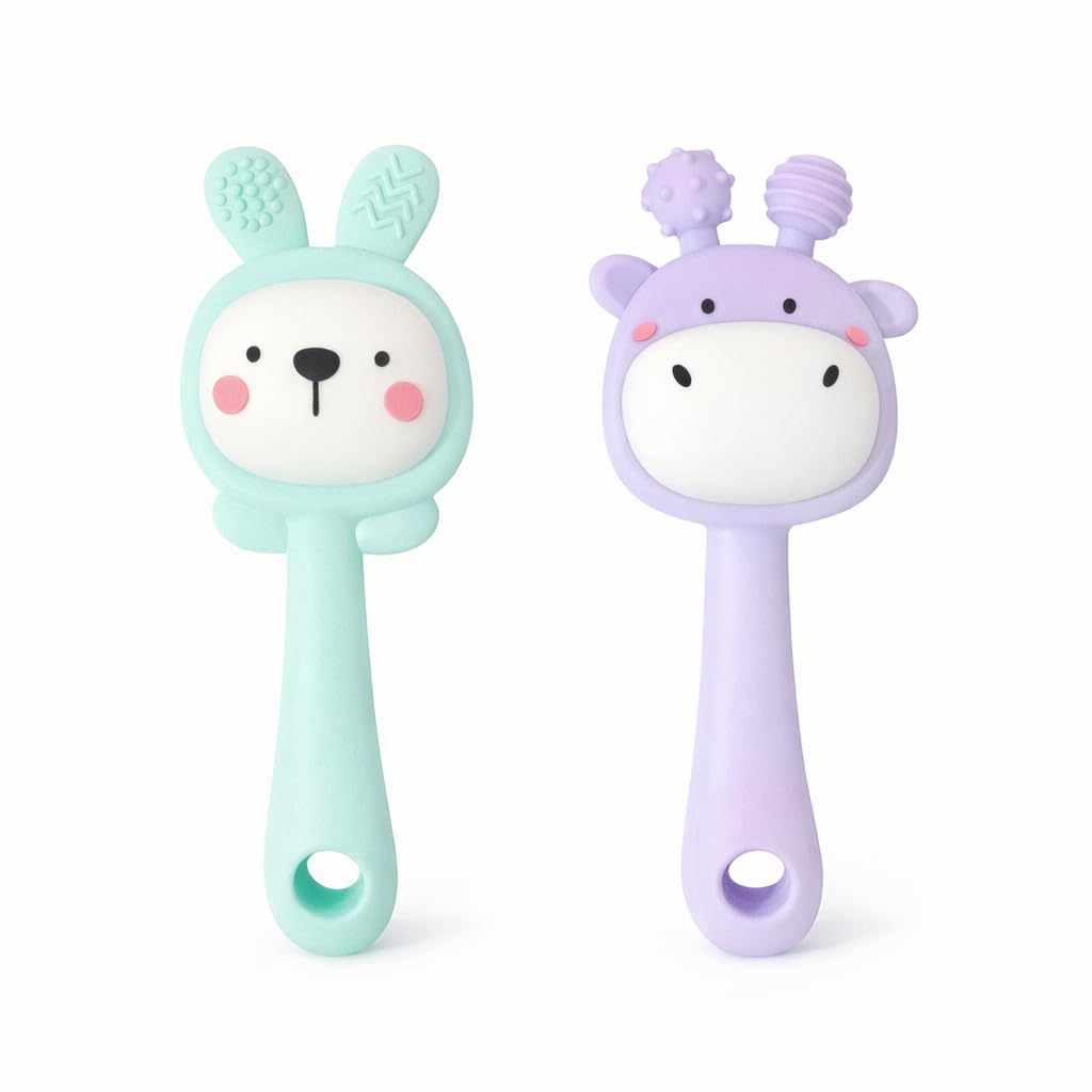 Silicone Teether Toy Set | Pack of 2 Bunny & Giraffe Shape | Mint Green & Light Purple | BPA Free, Food-Grade Silicone | Easy Grip Chewing Toy-image-37