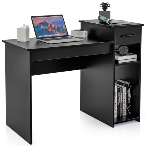 COSTWAY Schreibtisch mit Schublade und offenen Regalen, Computertisch Holz, Arbeitstisch Bürotisch PC-Tisch für kleine Räume, 104 x 50 x 82 cm, Schwarz
